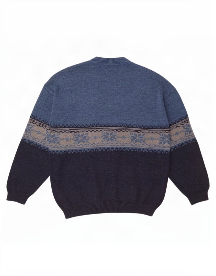 White Sails Mens Crew Neck Jumper Sweater Large Blue Fair Isle Wool