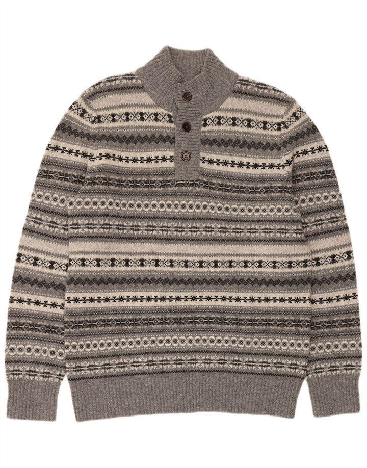 Crew Clothing Mens Button Neck Jumper Sweater Large Grey Fair Isle