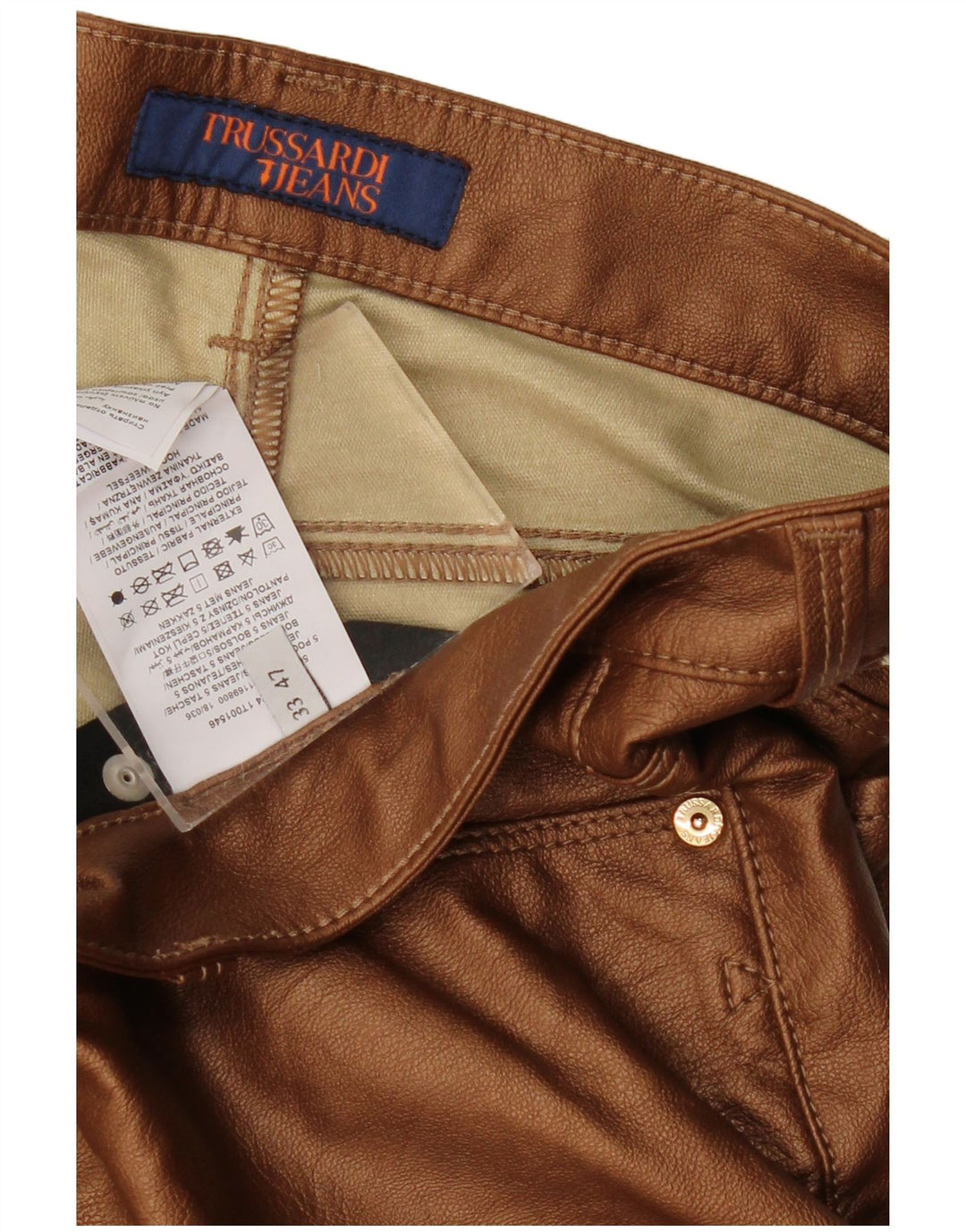 TRUSSARDI Womens Slim Faux Leather Trousers W33 L29 Brown Viscose