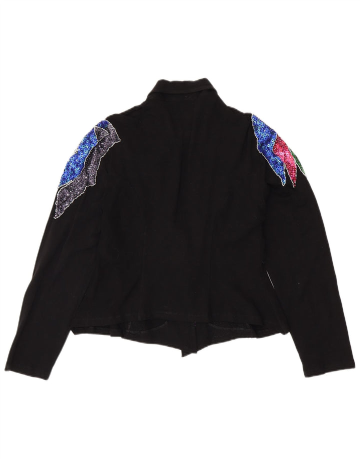 VINTAGE Womens Crop Shirt Blouse UK 12 Medium Black Floral Spandex