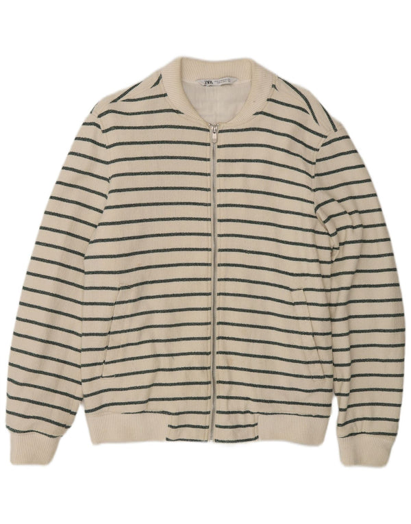 Zara Mens Cardigan Sweater Medium White Striped Cotton