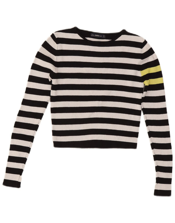 ZARA Womens Crop Boat Neck Jumper Sweater UK 12 Medium Black Striped