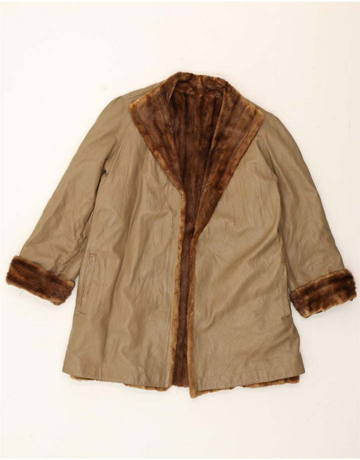 Vintage Womens Fur Leather Coat UK 16 Large Beige