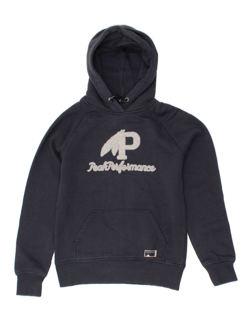 PEAK PERFORMANCE Womens Graphic Hoodie Jumper UK 14 Medium Navy Blue Vintage Peak Performance and Second-Hand Peak Performance from Messina Hembry 