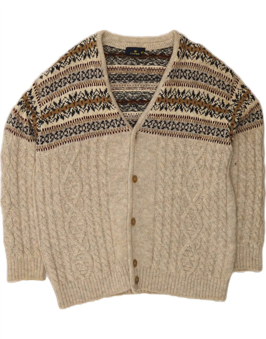 FIUME Mens Cardigan Sweater XL Grey Fair Isle Vintage Fiume and Second-Hand Fiume from Messina Hembry 
