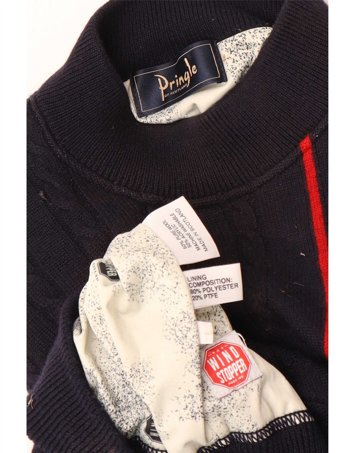 Pringle Mens Turtle Neck Jumper Sweater Large Navy Blue Striped Wool