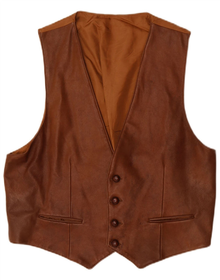 VINTAGE Mens Leather Waistcoat Large Brown Leather