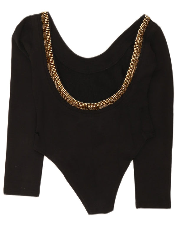 Vintage Womens Long Sleeve Bodysuit UK 12 Medium Black Cotton
