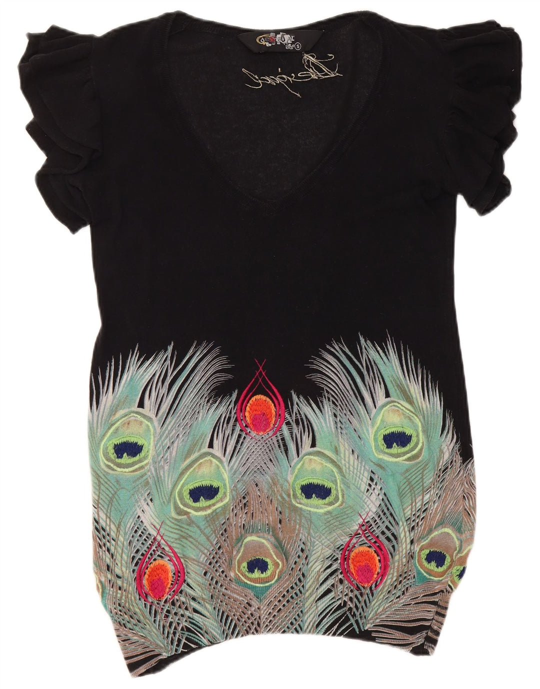 DESIGUAL Womens Abstract Pattern V-Neck Jumper Sweater UK 10 Small Black