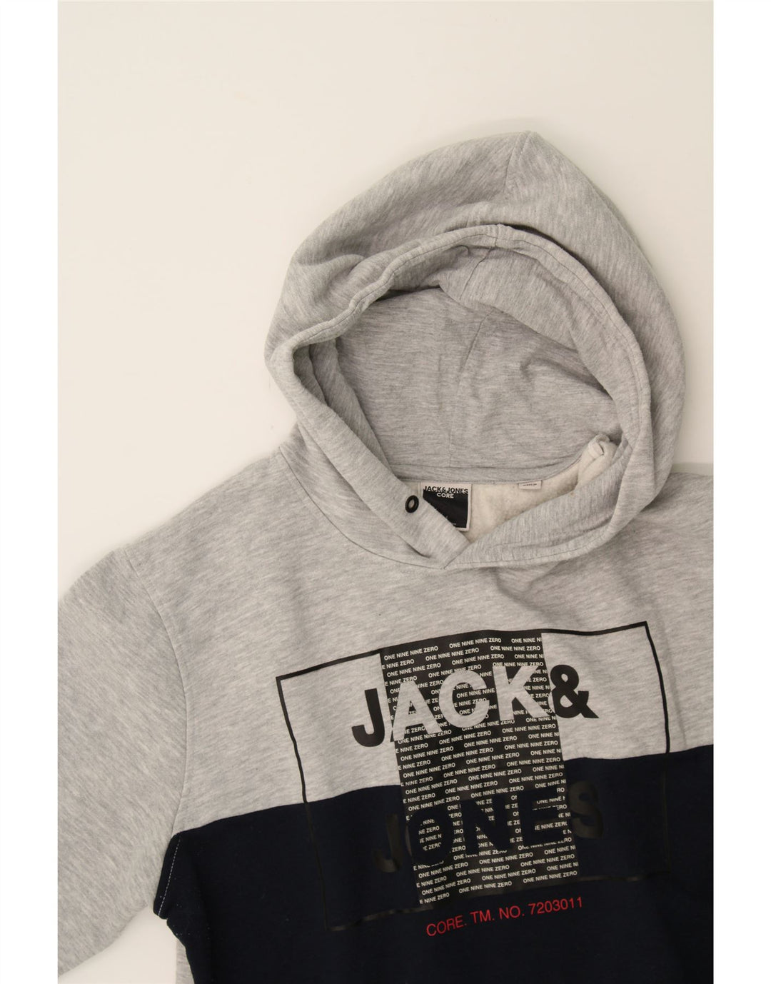 JACK & JONES Mens Graphic Hoodie Jumper Large Grey Colourblock Polyester Vintage Jack & Jones and Second-Hand Jack & Jones from Messina Hembry 