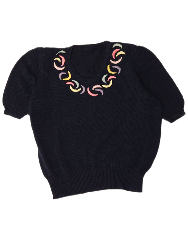 Vintage Womens Short Sleeve Boat Neck Jumper Sweater UK 16 Large Navy Blue