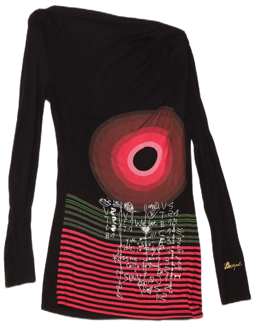 DESIGUAL Womens Graphic Top Long Sleeve UK 10 Small Black Striped