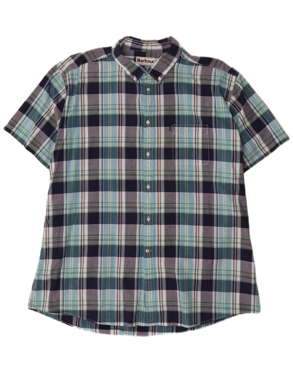 Barbour Mens Short Sleeve Tailored Fit Shirt 3XL Navy Blue Check Cotton