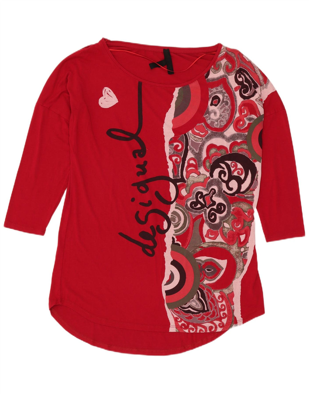 DESIGUAL Womens Graphic Top 3/4 Sleeve UK 14 Medium Red Viscose