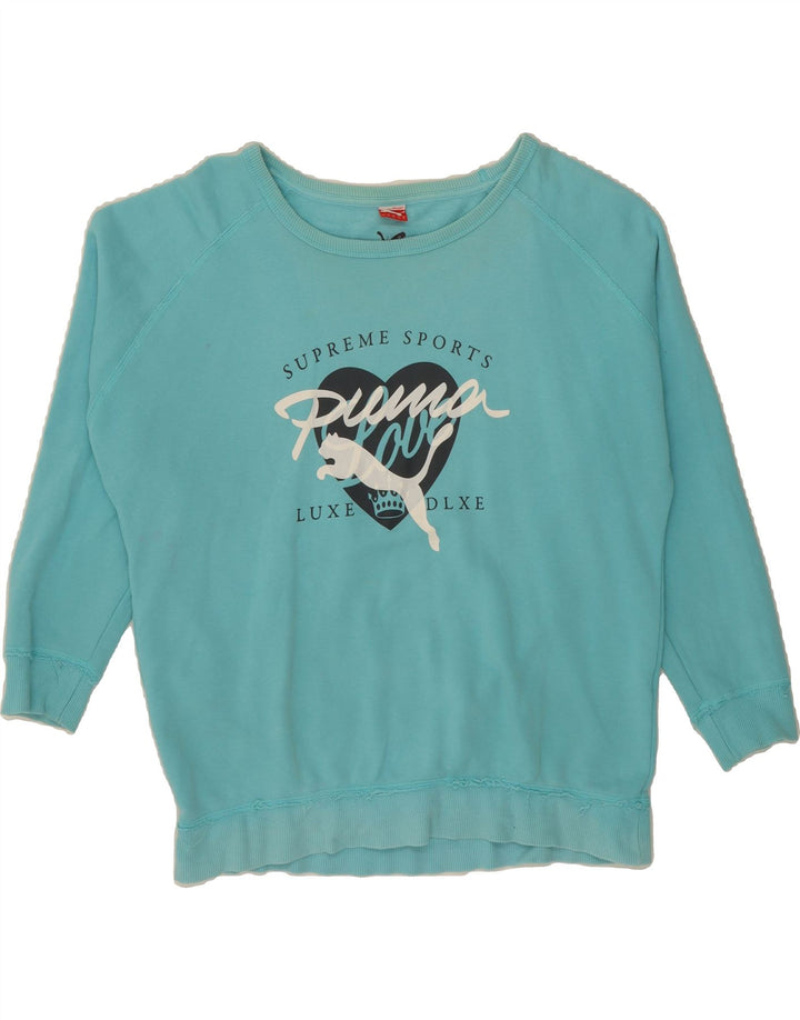 PUMA Womens Oversized Graphic Sweatshirt Jumper UK 16 Large  Turquoise Vintage Puma and Second-Hand Puma from Messina Hembry 