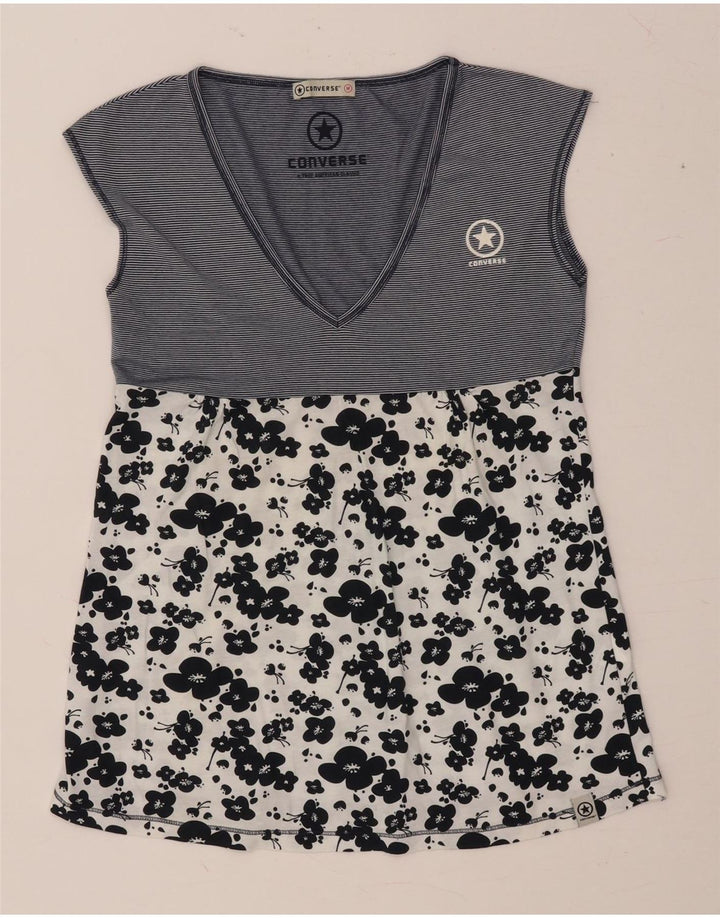 CONVERSE Womens Sleeveless Blouse Top UK 12 Medium Navy Blue Floral Cotton