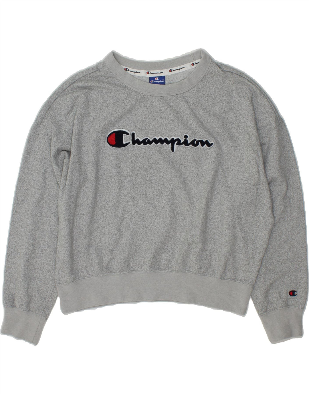 CHAMPION Womens Oversized Crop Graphic Sweatshirt Jumper UK 10 Small Grey Vintage Champion and Second-Hand Champion from Messina Hembry 