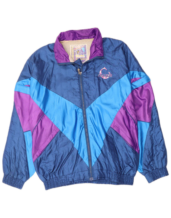 VINTAGE Mens Loose Fit Tracksuit Top Jacket Medium Navy Blue Colourblock