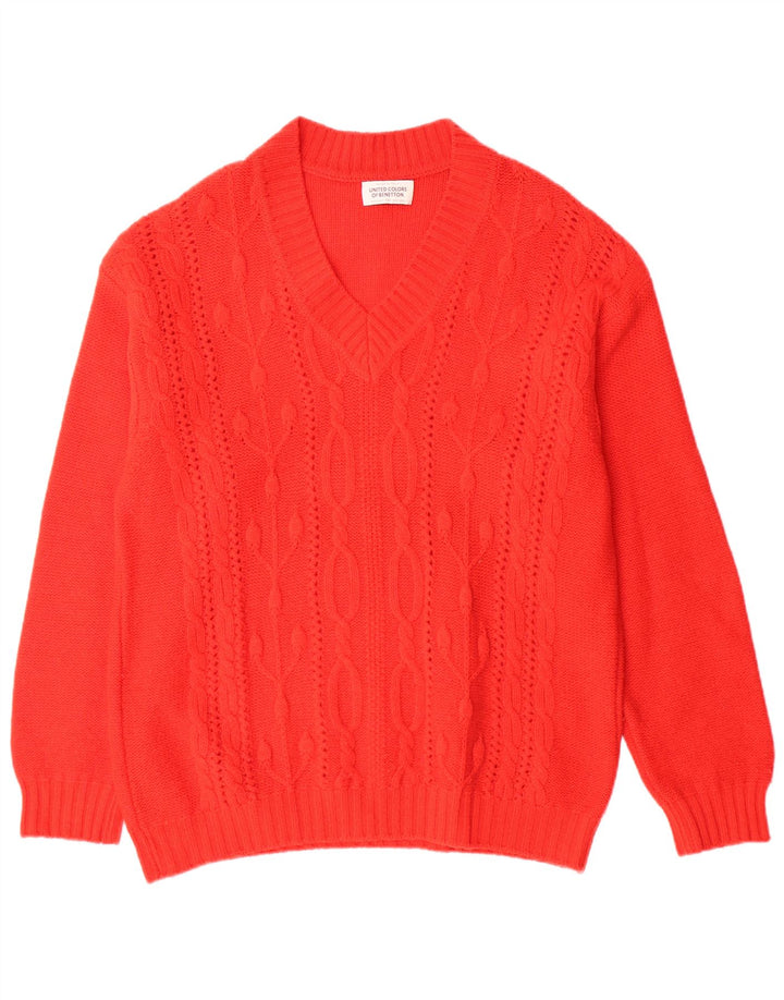 BENETTON Mens V-Neck Jumper Sweater Large Red Virgin Wool