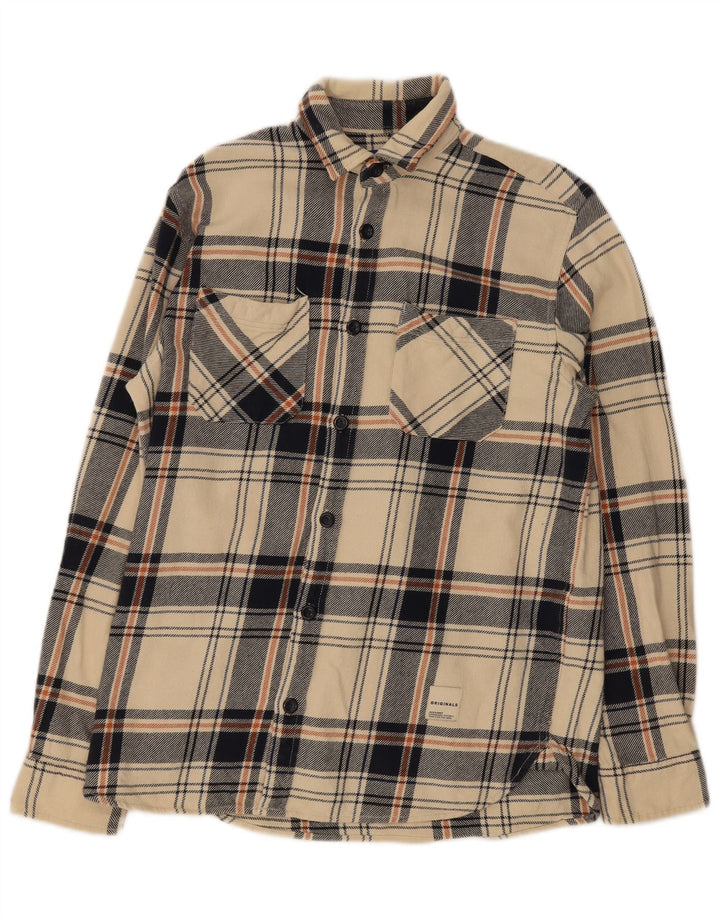 Jack & Jones Mens Regular Fit Flannel Shirt Small Beige Check Cotton