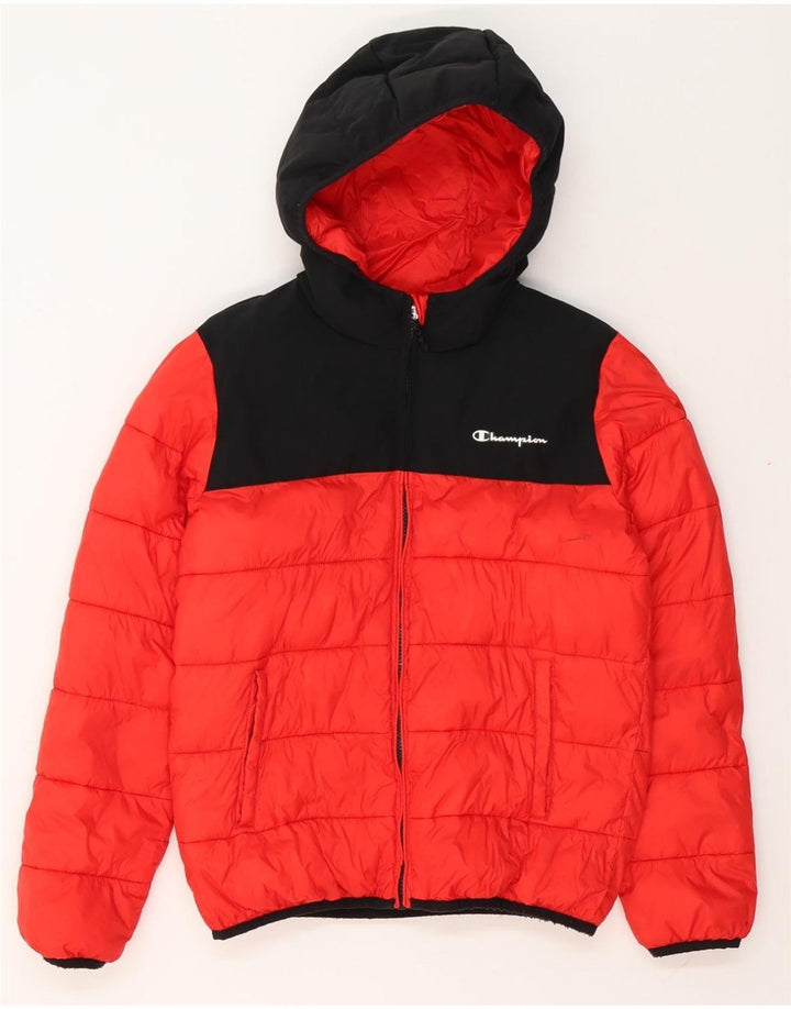 CHAMPION Boys Hooded Padded Jacket 11-12 Years Large  Red Colourblock