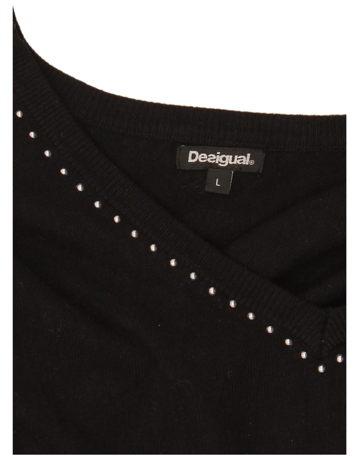 DESIGUAL Womens Graphic V-Neck Jumper Sweater UK 16 Large Black Synthetic