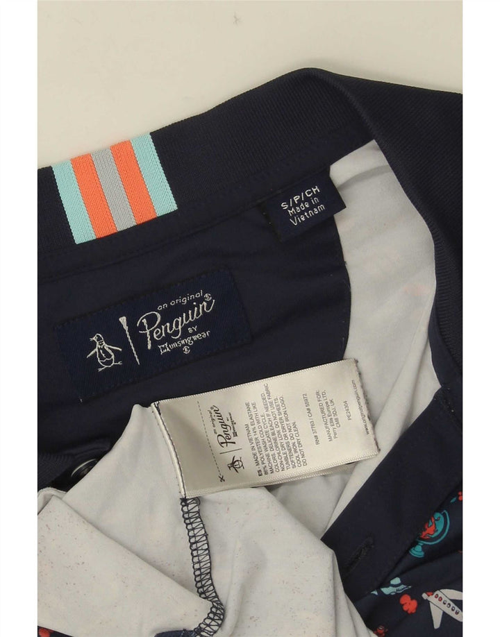Penguin Mens Graphic Polo Shirt Small Navy Blue Polyester