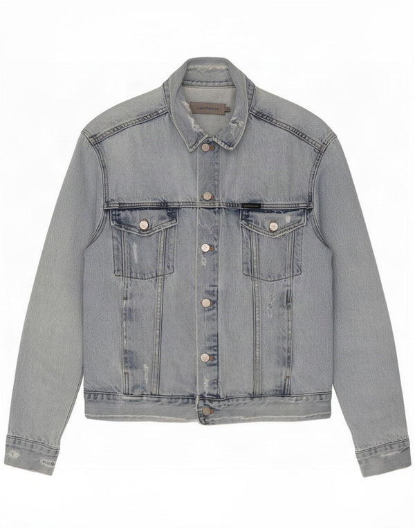 Calvin Klein Jeans Mens Distressed Denim Jacket UK 38 Medium Blue Cotton