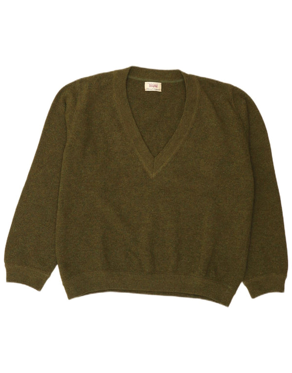Sisley Mens V-Neck Jumper Sweater Medium Green Virgin Wool