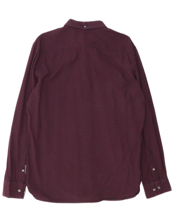 French Connection Mens Shirt Large Burgundy Gingham Cotton