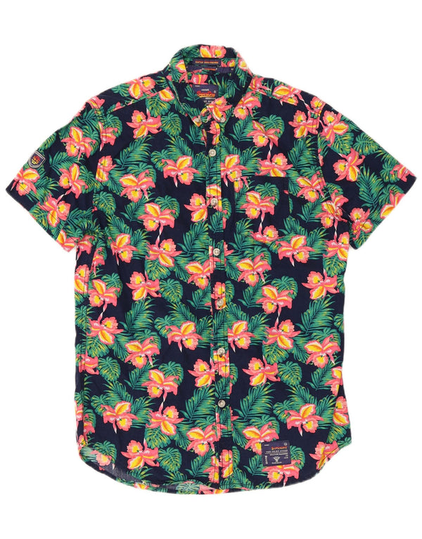 Superdry Mens Short Sleeve Shirt Medium Navy Blue Floral Cotton Hawaiian