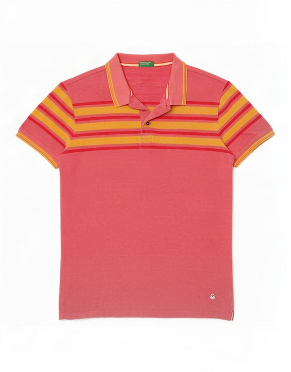 Benetton Mens Polo Shirt Small Pink Striped Cotton