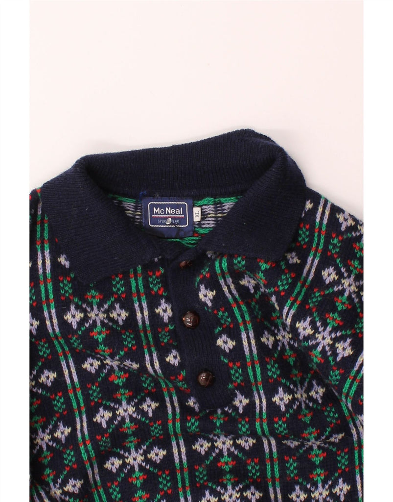 MC NEAL Mens Polo Neck Jumper Sweater XL Navy Blue Fair Isle Wool Vintage MC Neal and Second-Hand MC Neal from Messina Hembry 