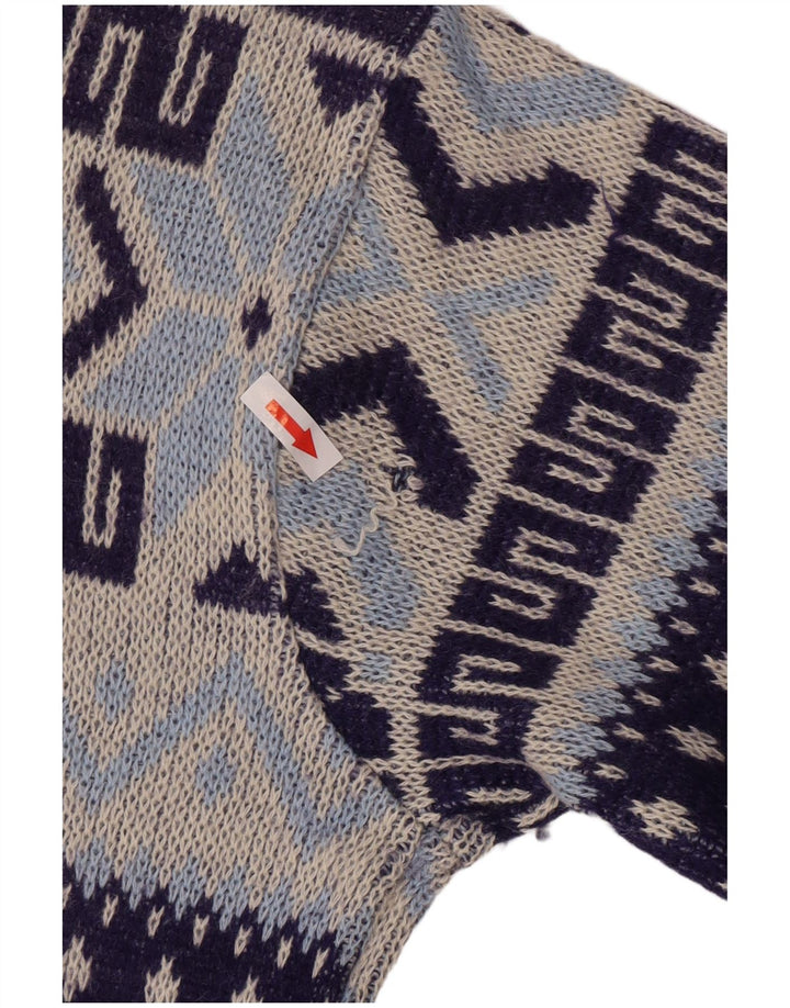 Vintage Mens Crew Neck Jumper Sweater Medium Navy Blue Geometric