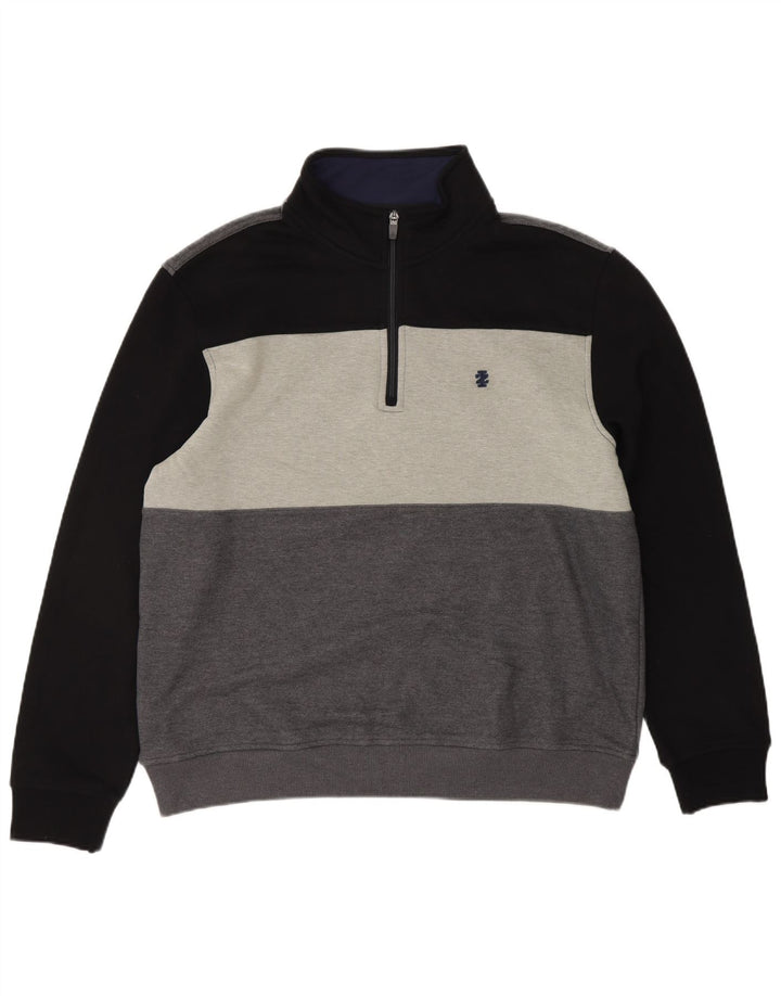 IZOD Mens Zip Neck Sweatshirt Jumper Medium Grey Colourblock Polyester