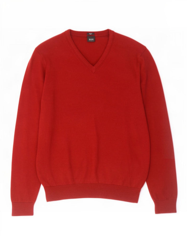 Hugo Boss Mens Regular Fit V-Neck Jumper Sweater Medium Red Colourblock