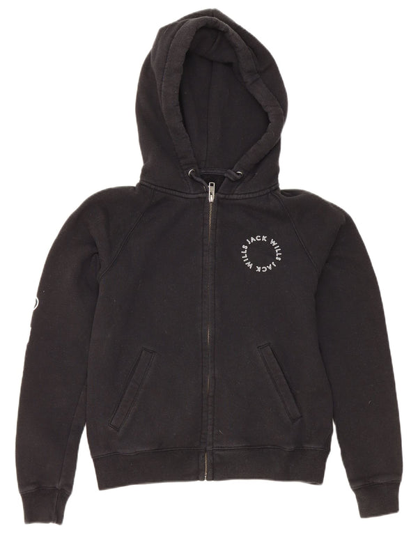 Jack Wills Womens Graphic Zip Hoodie Sweater UK 8 Small Black Cotton