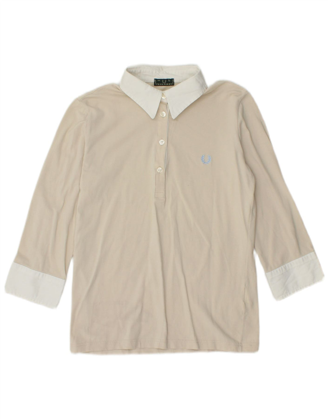 FRED PERRY Womens 3/4 Sleeve Pullover Shirt UK 14 Large Beige Colourblock