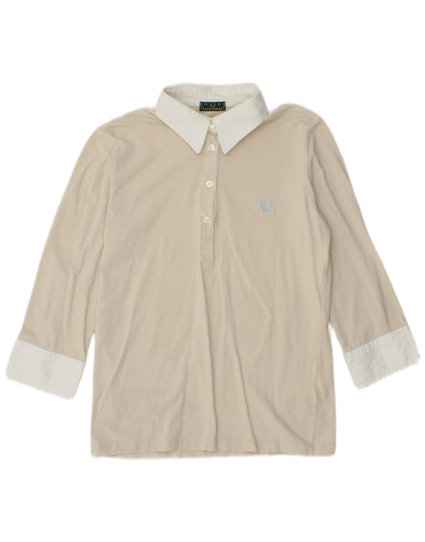 FRED PERRY Womens 3/4 Sleeve Pullover Shirt UK 14 Large Beige Colourblock