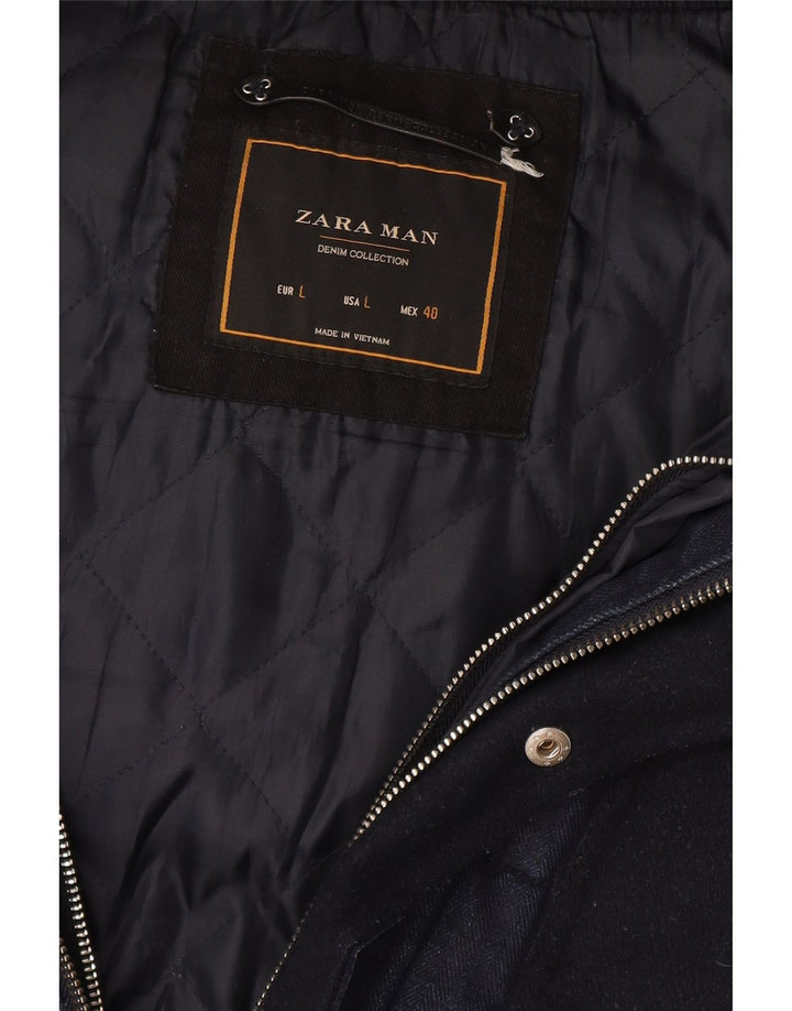 Zara Mens Hooded Padded Jacket UK 40 Large Navy Blue Colourblock