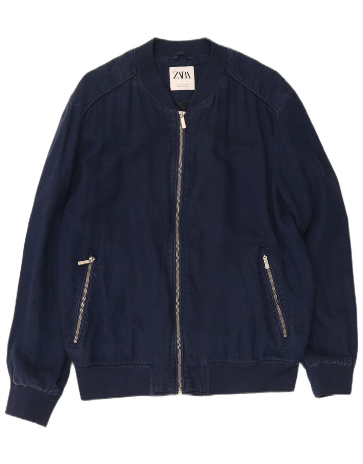 ZARA Mens Bomber Jacket UK 40 Large Navy Blue Polyester