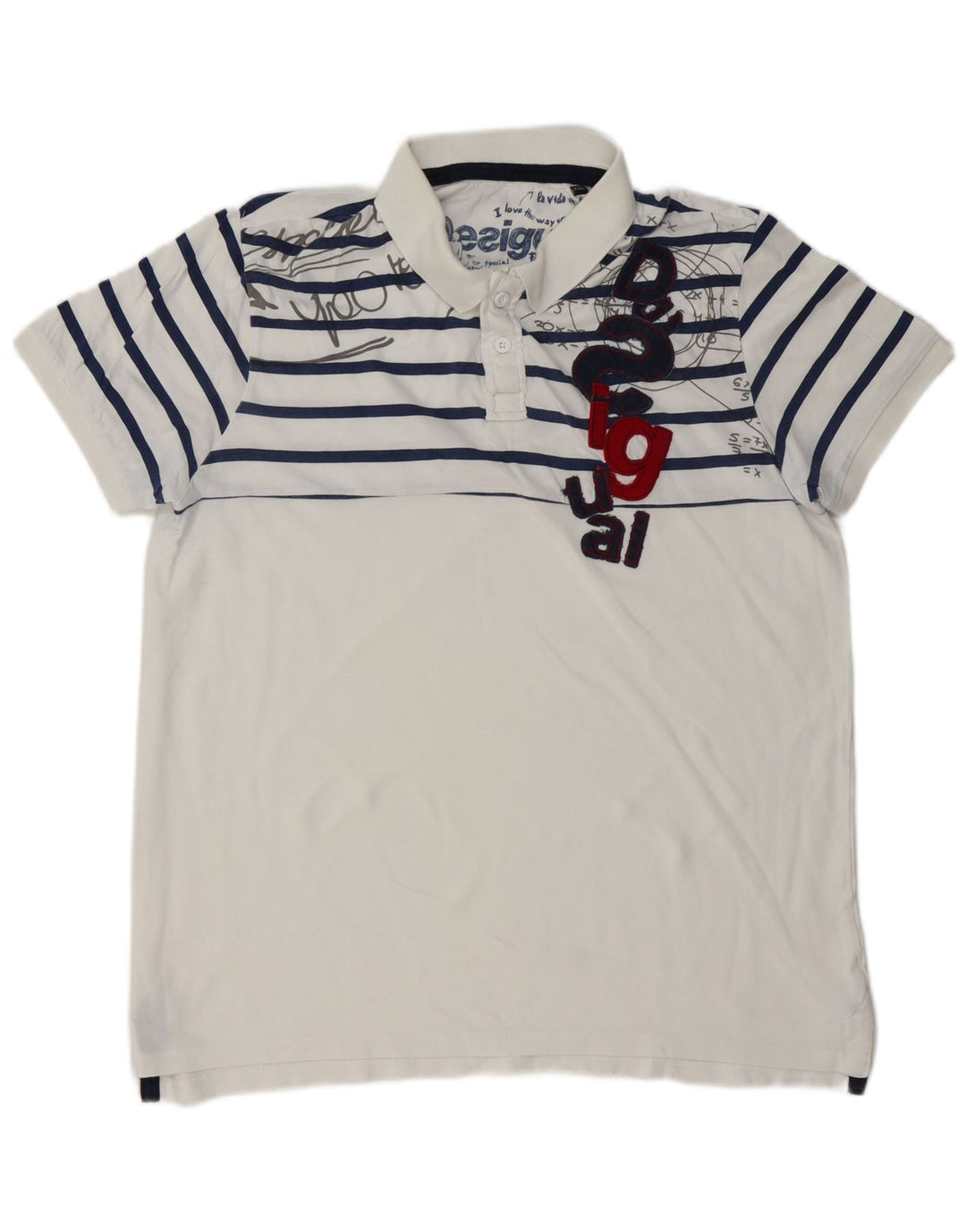 DESIGUAL Mens Graphic Polo Shirt 2XL White Striped