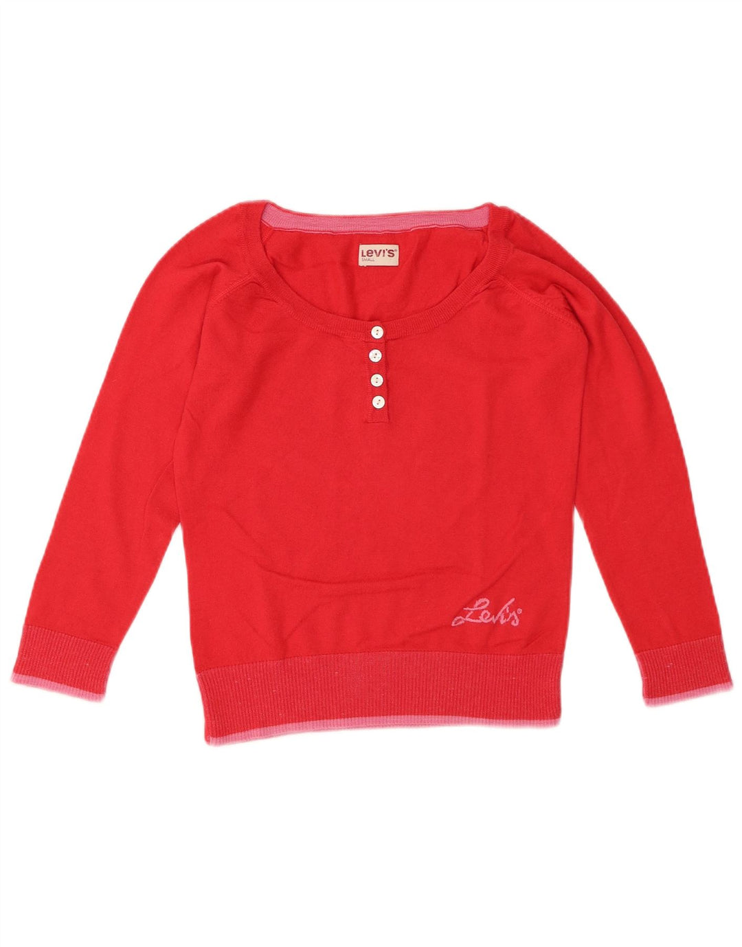 LEVI'S Womens Crop Button Neck Jumper Sweater UK 10 Small Red Cotton