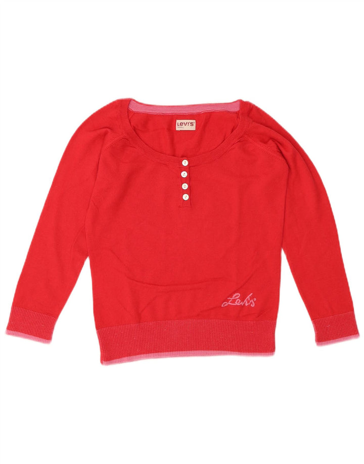 LEVI'S Womens Crop Button Neck Jumper Sweater UK 10 Small Red Cotton