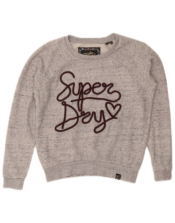 Superdry Womens Graphic Sweatshirt Jumper UK 6 XS Grey Flecked Cotton