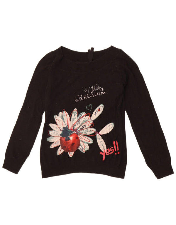 Desigual Womens Graphic Boat Neck Jumper Sweater UK 14 Large Black Floral