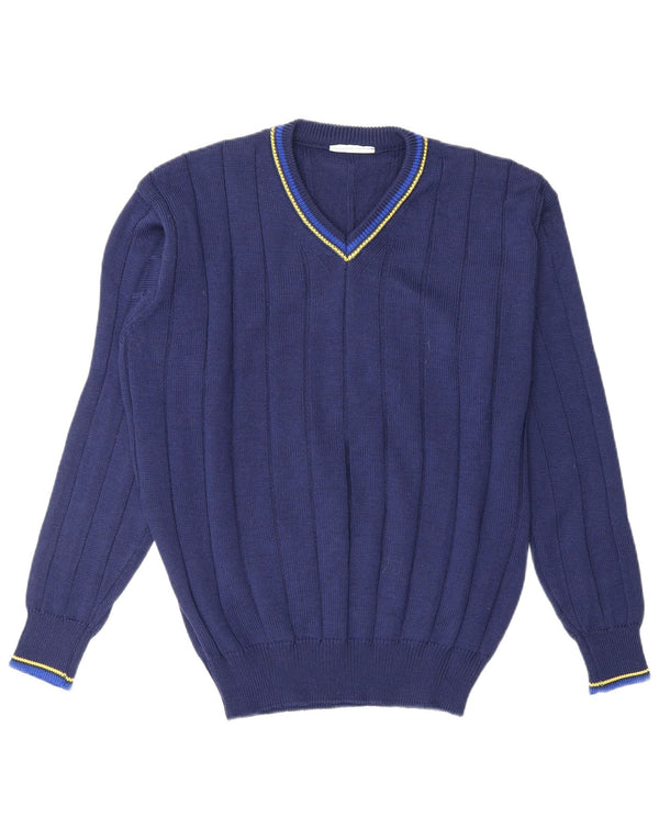VINTAGE Mens V-Neck Jumper Sweater Medium Navy Blue