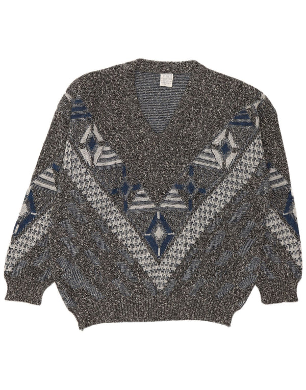 VINTAGE Mens V-Neck Jumper Sweater UK 46/48 2XL Multicoloured Geometric