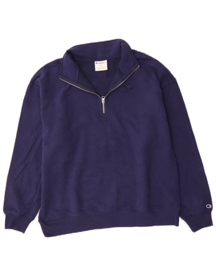 Champion Mens Zip Neck Sweatshirt Jumper Medium Navy Blue Cotton