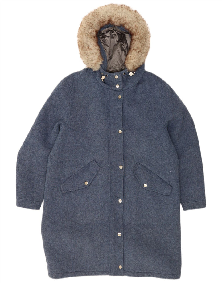Massimo Dutti Womens Hooded Oversized Overcoat UK 16 Large Blue Wool
